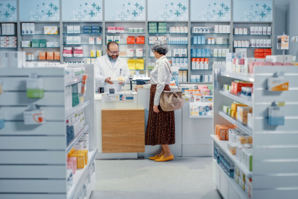 pharmacien et sa cliente dans une pharmacie