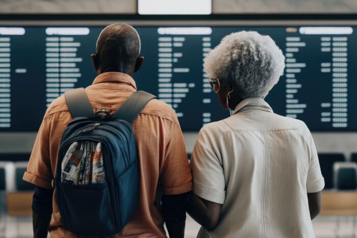 Couple dans un aéroport devant le tableau des départs 