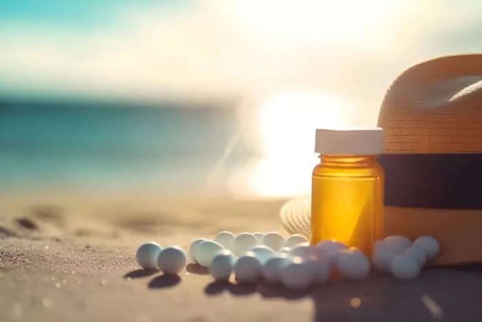 médicaments sur une plage avec du soleil