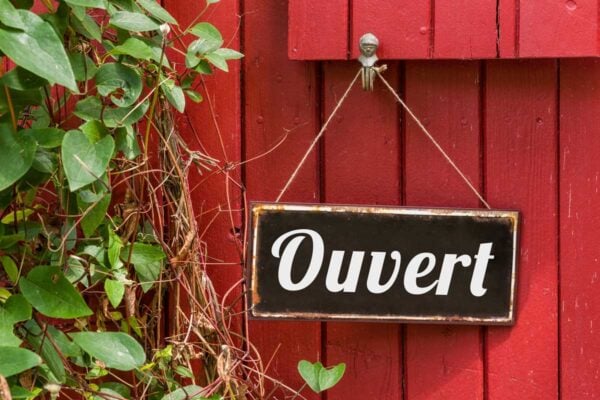 Pancarte "ouvert" sur une ardoise suspendue devant un portail rouge à côté d'un plante verte retombante