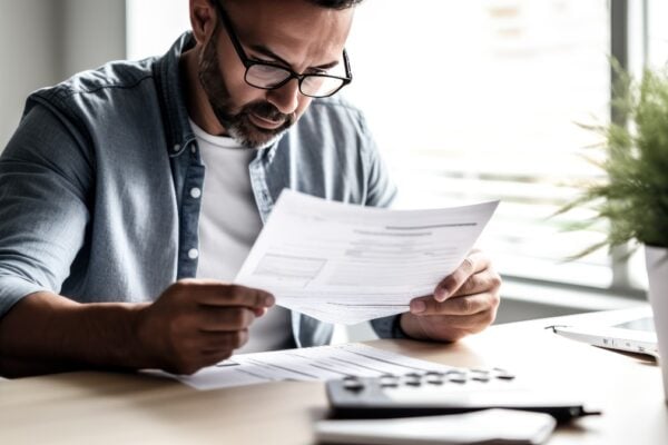 Homme regardant avec attention un papier administratif